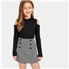 SHEIN/Детский комплект из двух предметов: черная трикотажная футболка с открытыми плечами и юбка в ломаную клетку, г. Осенний повседневный комплект из двух предметов с длинными рукавами