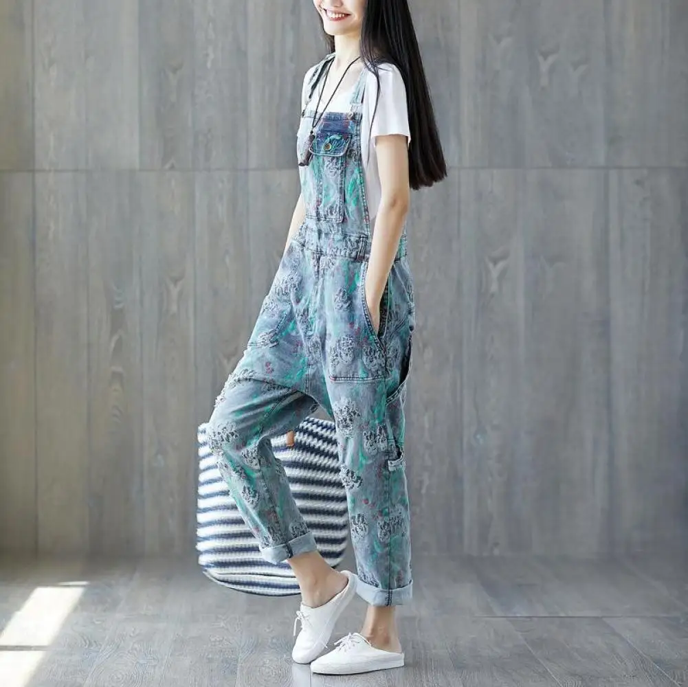 

Korean Fashion Printing Loose Casual Denim Jumpsuit Literary Womens Retro Washed Ripped Low-crotch Jeans