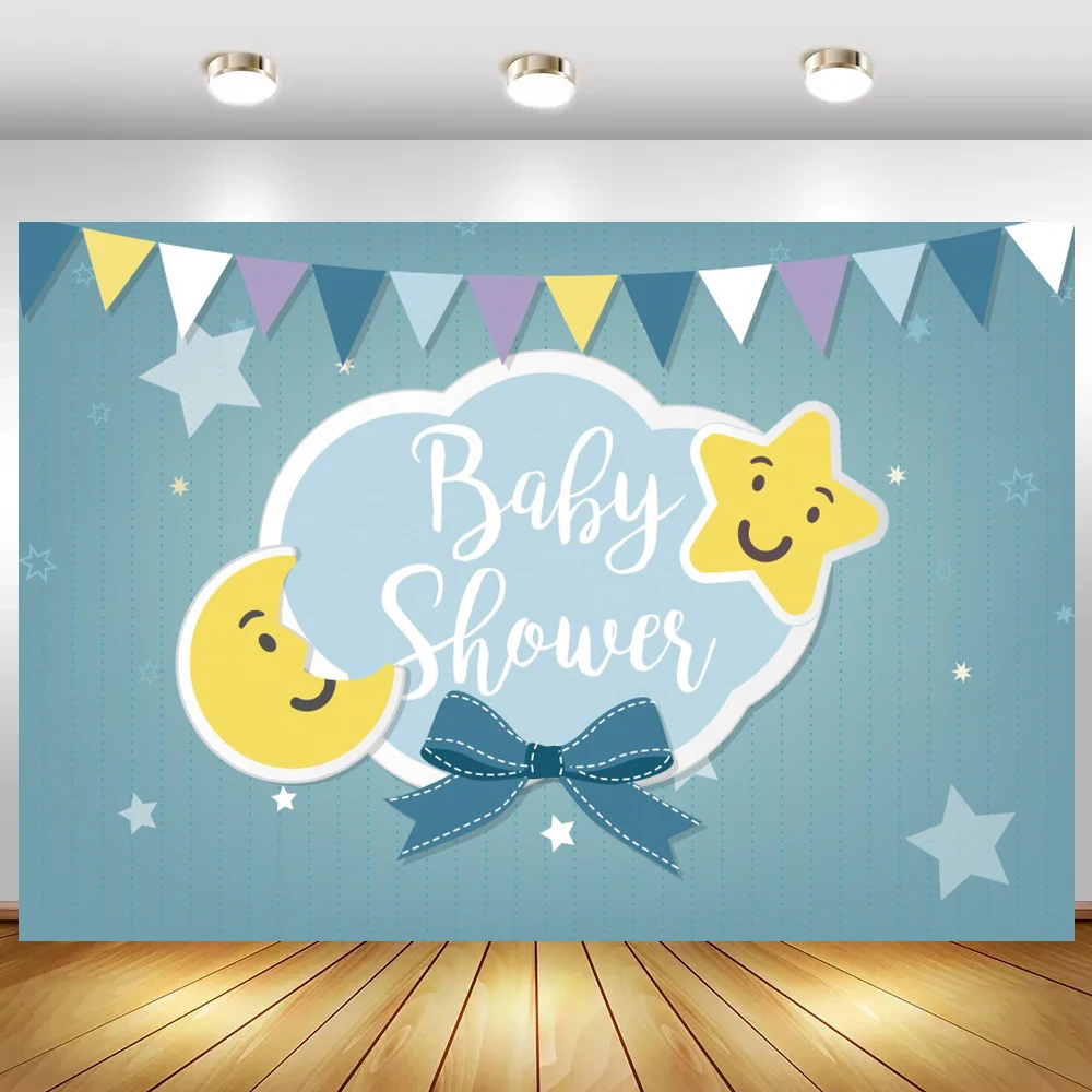 

Big Bow Moon Star Baby Shower Photography Backdrop For Newborn 1ST Birthday Party Vinyl Background Photo Studio Photoshoot Props