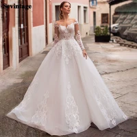 a line long sleeves boho wedding dress romantic appliques lace bridal dresses nude tulle back princess wedding party gowns 2021