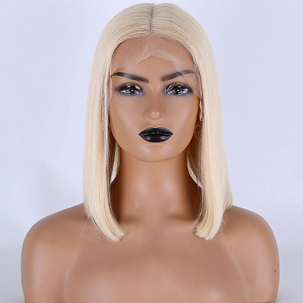 

Human Hair Lace Front Wig Short Bob style Brazilian Hair Straight Blonde Wig 150% Density Thick Middle Part Costume Wigs