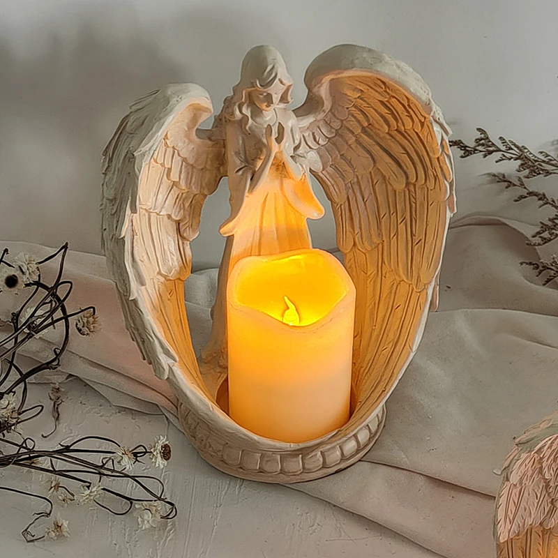 

New Praying Angel Candle Holder Led Electronic Candlestick Ornament Guardian Angel Wings Statue Home Crafts Christmas Decoration