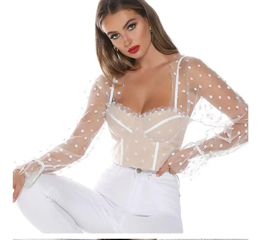 Женские кружевные Футболки с длинным рукавом бабочкой Короткие топы в горошек