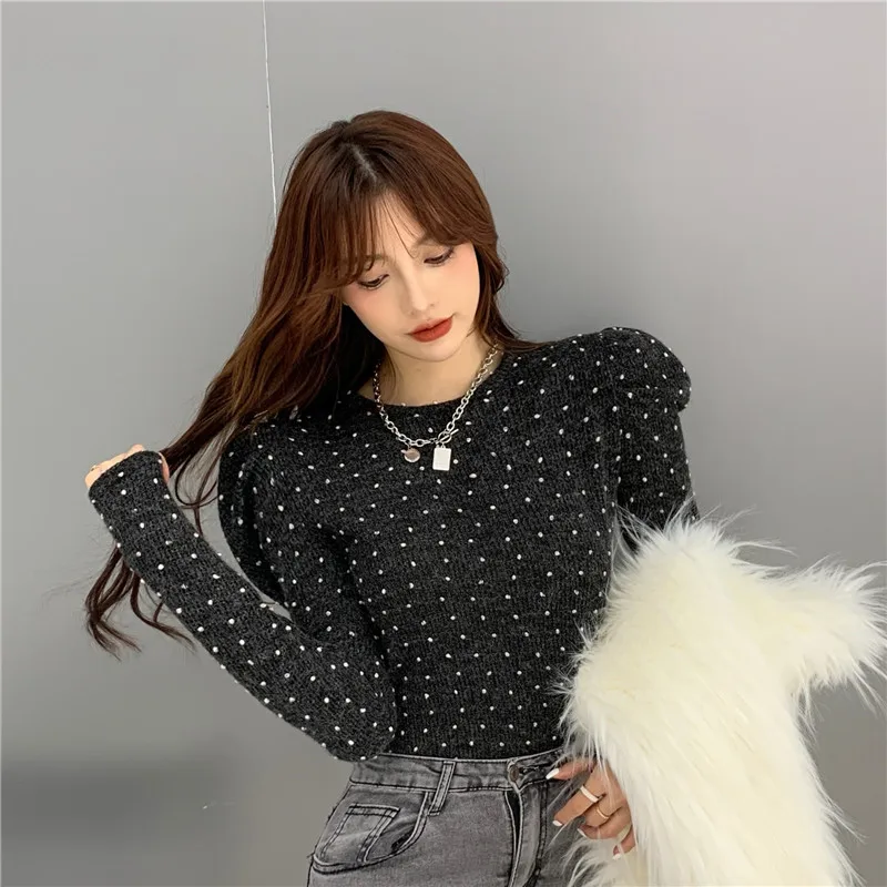 

Spring New Polka Dot T-shirts Women Clothes Hipster O-neck Puff Long Sleeve Tees Korean Slim Solid Ins Ladies Tops Fashion Brand