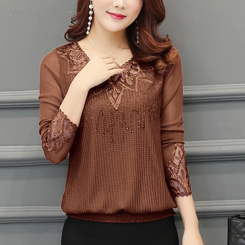 

Chiffon 2021 Women Shirt Hollow out Long Sleeve Embroidery Sequin Bead Lace Mesh Blouse Shirt ladies Top Blusa Feminina 952J