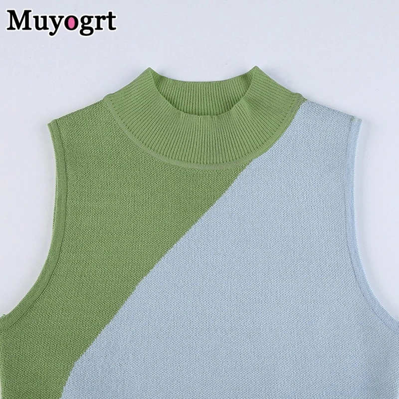 

Muyogrt Y2K Knit Bodycon Dress Women Sleeveless 2021 Summer Beach Turtleneck Print Patchwork Sexy Party Mini Dress 90S Holiday