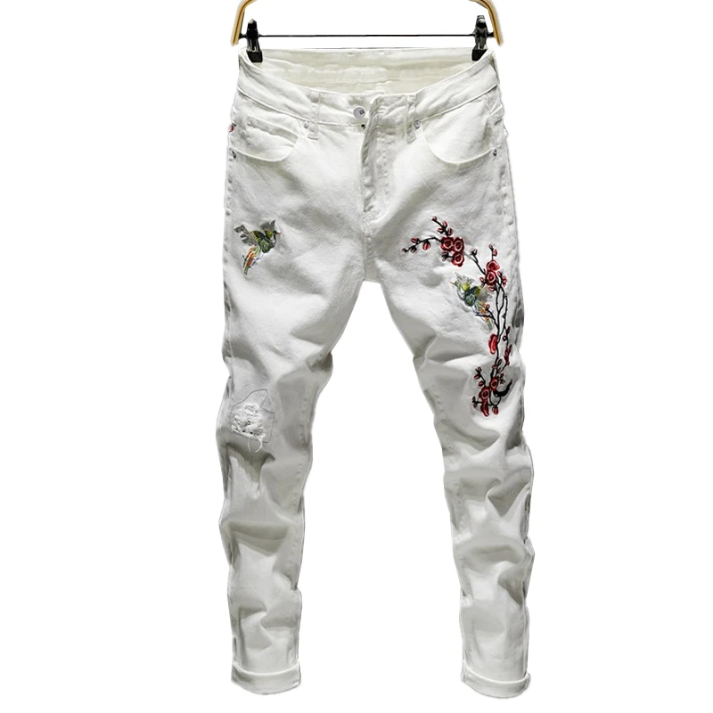 Белые мужские джинсы с вышивкой размер 28 38 рваные для мужчин высококачественные