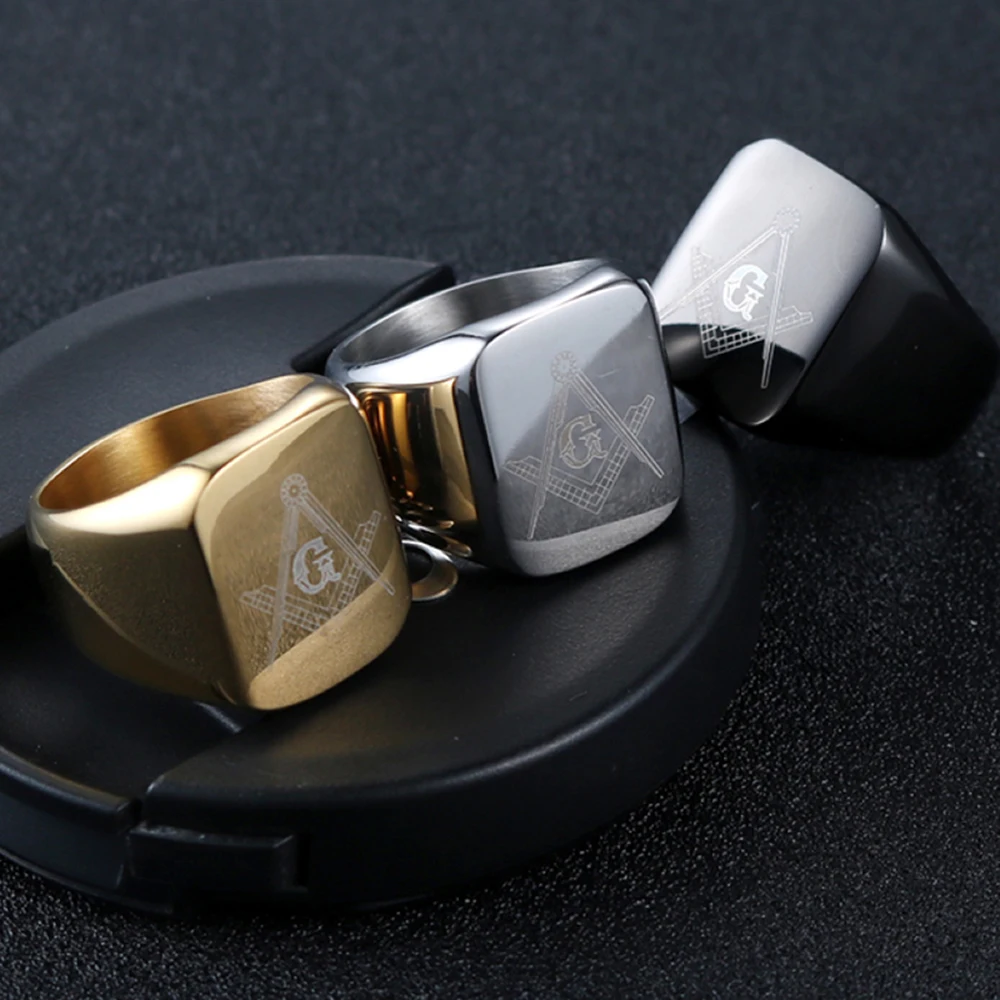 

Stainless Steel Gld Silver Plated Black Square Plane Freemasonry Symbol Ring Fashion Finger Jewelry High Quality Gift Wholesale