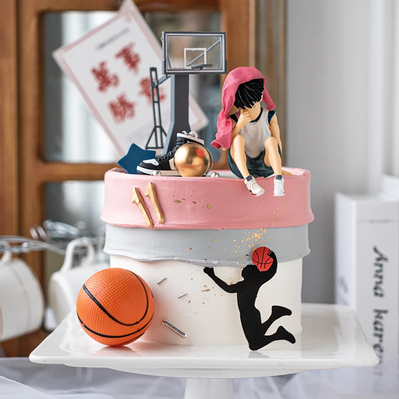 

Basketball Theme Baking Cake Decorative People Even Deways Cake Toppers For Boy's Birthday Party Plastic Basketball Rack Plugin