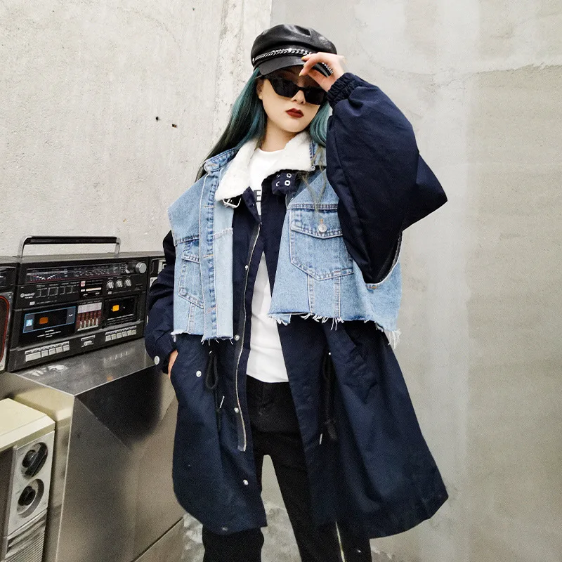 

Denim jacket plus velvet thick loose stand-up collar two-piece mid-length pie to overcome women's winter 2020 new coat women