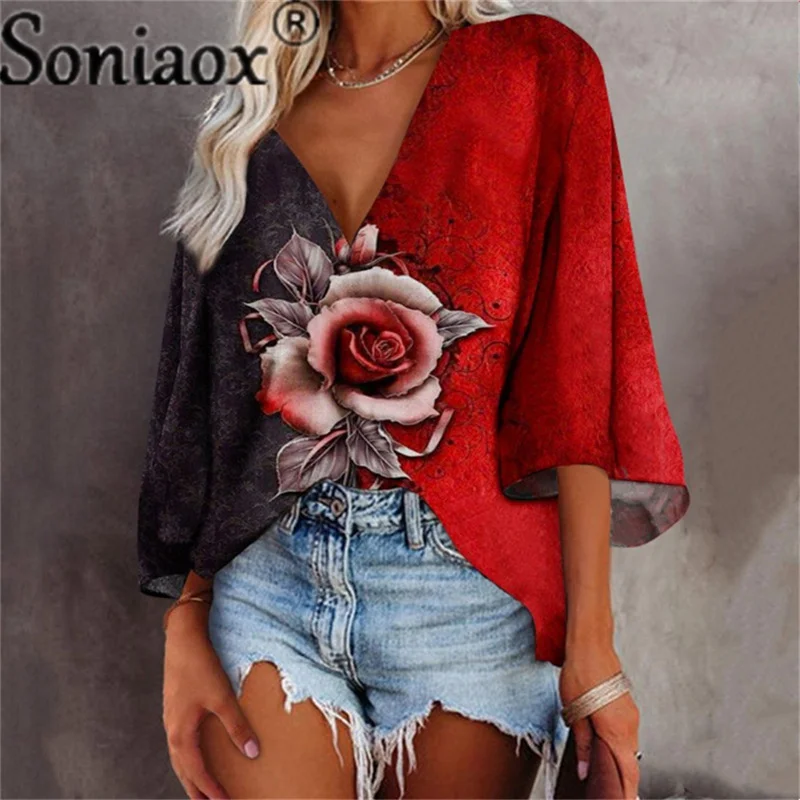 

Summer Casual V-Neck Multicolor Rose Print Flared Sleeves Loose T-Shirt 2021 Fashion Street Hipster Pullover T-Shirt Female