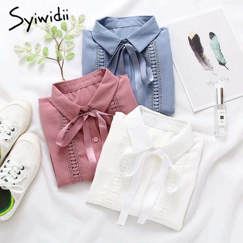 Кружевная открытая шифоновая модная женская блузка с отложным воротником и