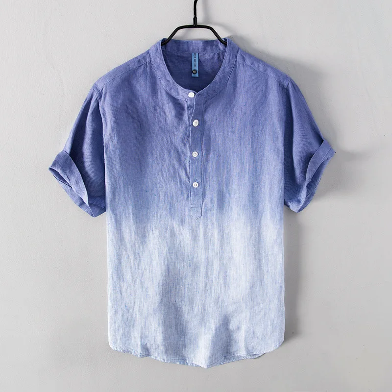 

Pullover 100% Linen Shirts Men Short Sleeve Stand Collar Dress Shirt Fashion Casual Flax Tops Male Camisa Men Clothing TS-764