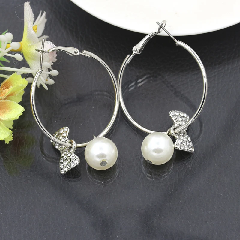 Модные ювелирные изделия полный кристалл бант жемчужные серьги большой круг