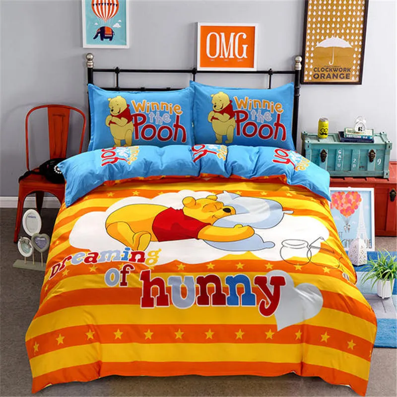 Disney Cartoon Winnie Pooh Piglet Tigger Bedding Set Queen Size Duvet Cover set for kids flat Sheet Bedspread birthday gift hot | Дом и сад