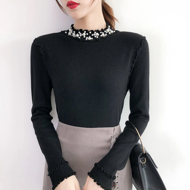 Lucyever Pearl Turtleneck Knitted Sweater Women Long Sleeve Elasticity Black Woman 2019 Winter Casual Simple Pull Femme | Женская одежда