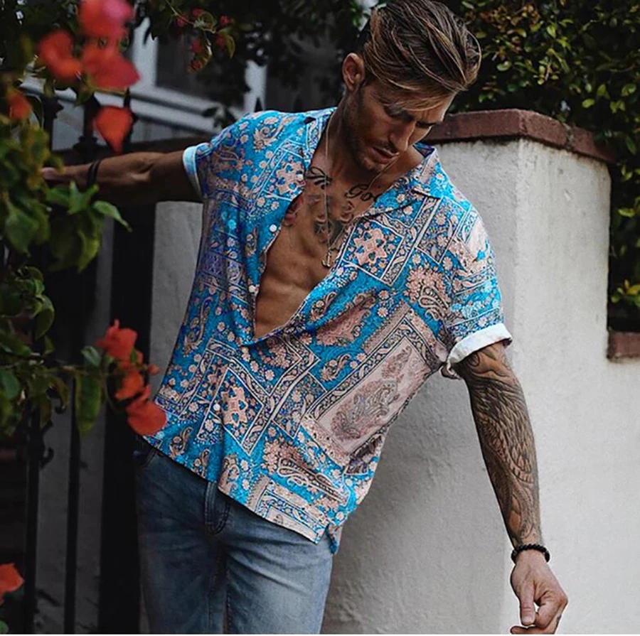 

2021 Newest mman's streetwear summer spring men's clothing Hawaiian casual beach print short sleeve shirt
