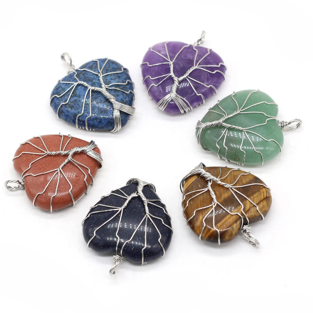 

Natural Stone Gemstone Heart-shaped Silver Wire Pendant Cute Amethyst Crystal Agate DIY Necklace Sweater Chain Making 30x38mm