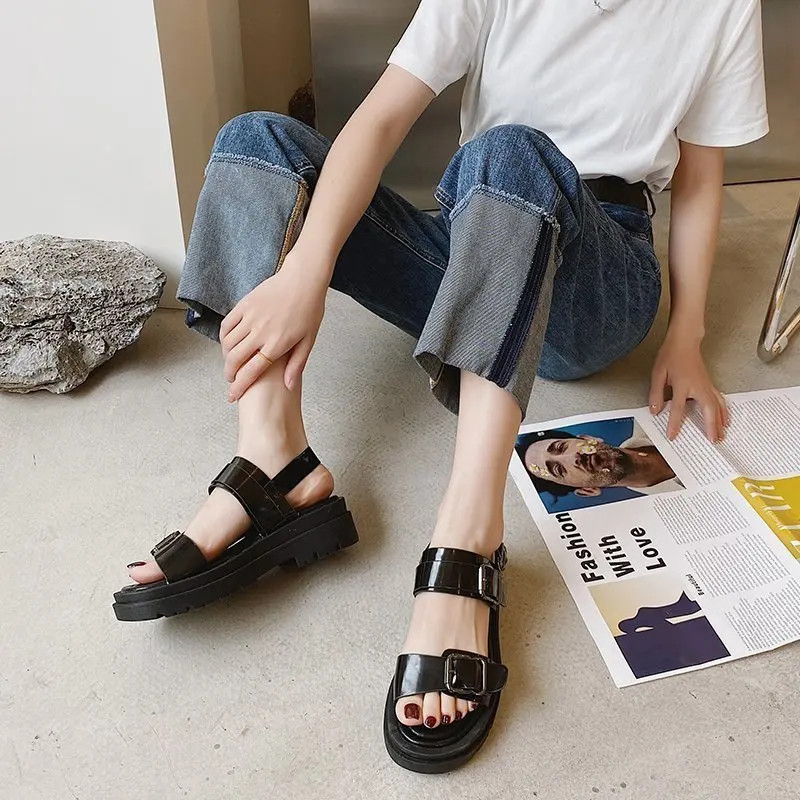 

Women Platform Sandals 2021 Summer Beige Fashion Chunky Sole Ankle Buckle Strap Shoes Woman Black Casual Leather Sports Sandal