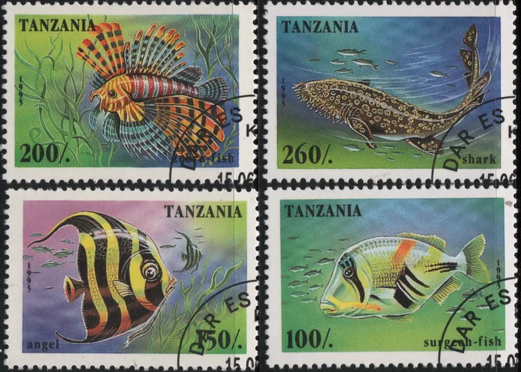 

4 шт./компл. почтовые марки Танзании 1995, морские декоративные рыбы, использованные почтовые марки для коллекционирования