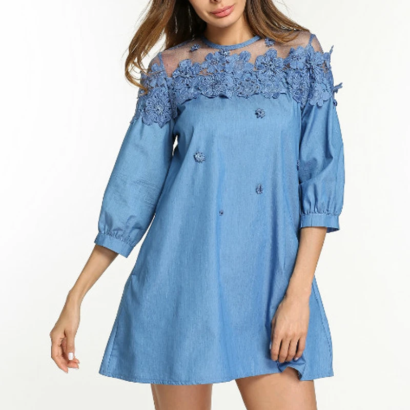 платья свободный с короткими рукавами трапециевидные Большие размеры джинсовые