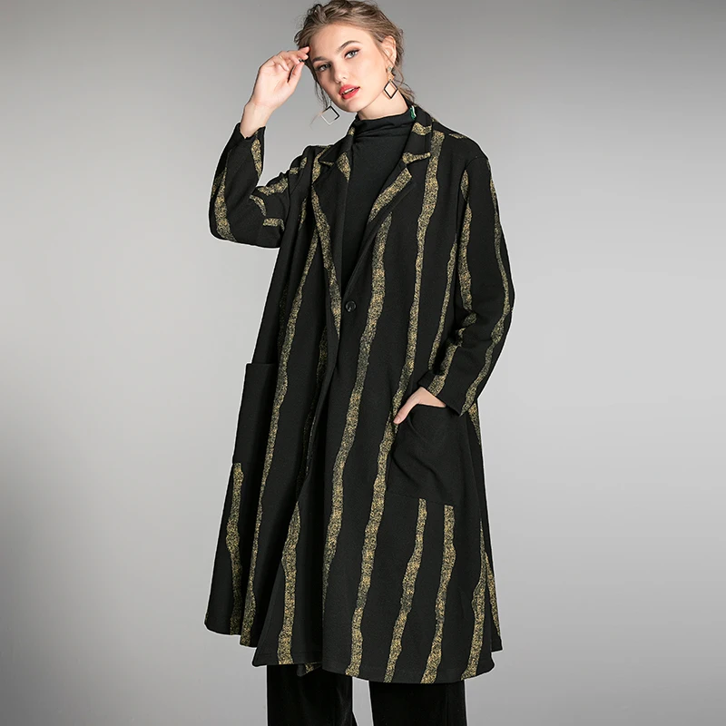 

Кардиган женский, в полоску, с отложным воротником, длинный, зимний, 2019