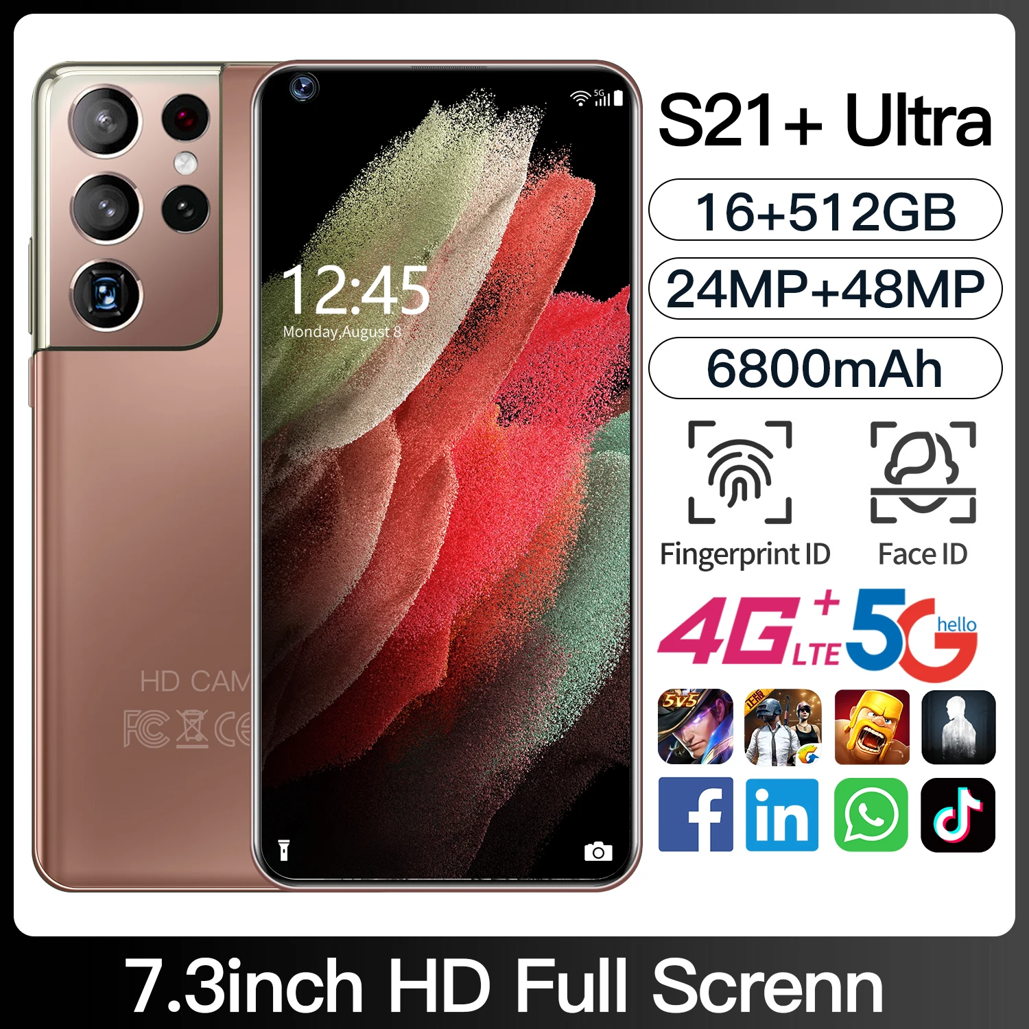 

Samsun S21+ Ultra Smartphones 7.3inch Deca Core 48MP Global Version 6800Mah16G RAM 512G ROM Mobile Phone телефон Celular