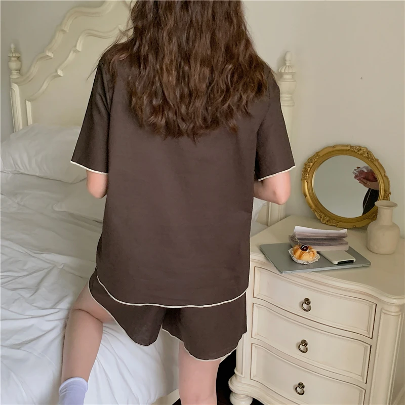 

summer short sleeve pajama set women homewear solid loose blouse shorts 2 piece set sleepwear night suit ladies loungewear Y888