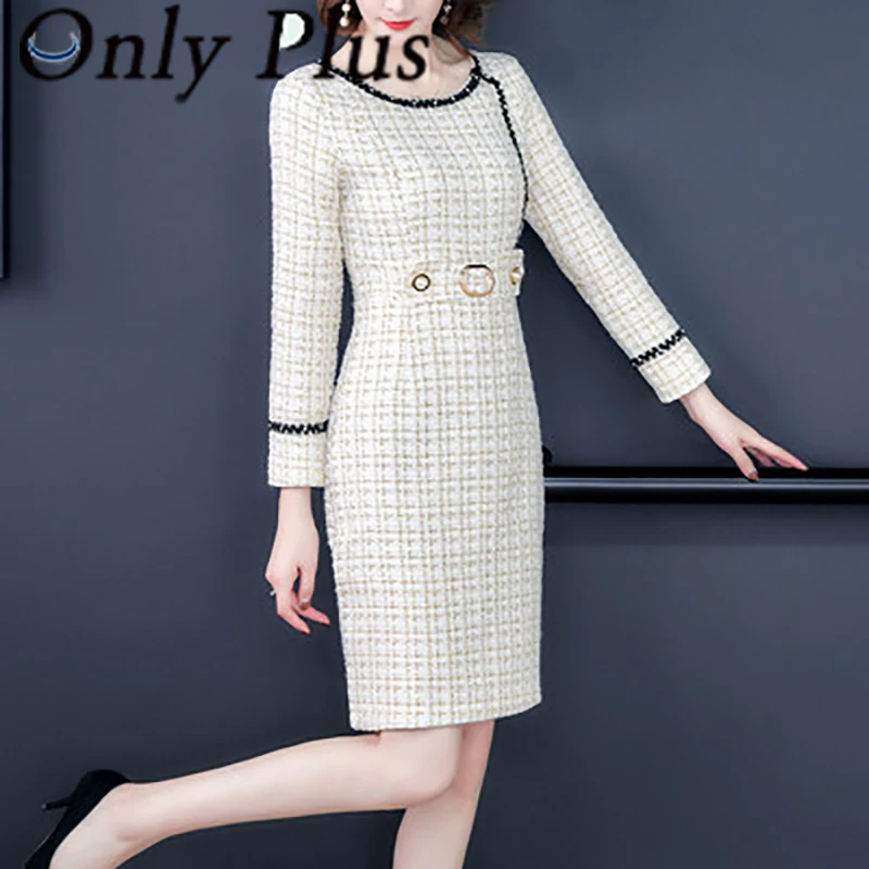 

Only Plus Winter Slim White Woolen Dress O-neck Office Lady Elegant Bag Hip Dresses Thickened Warm Sheath Plaid Vestidos