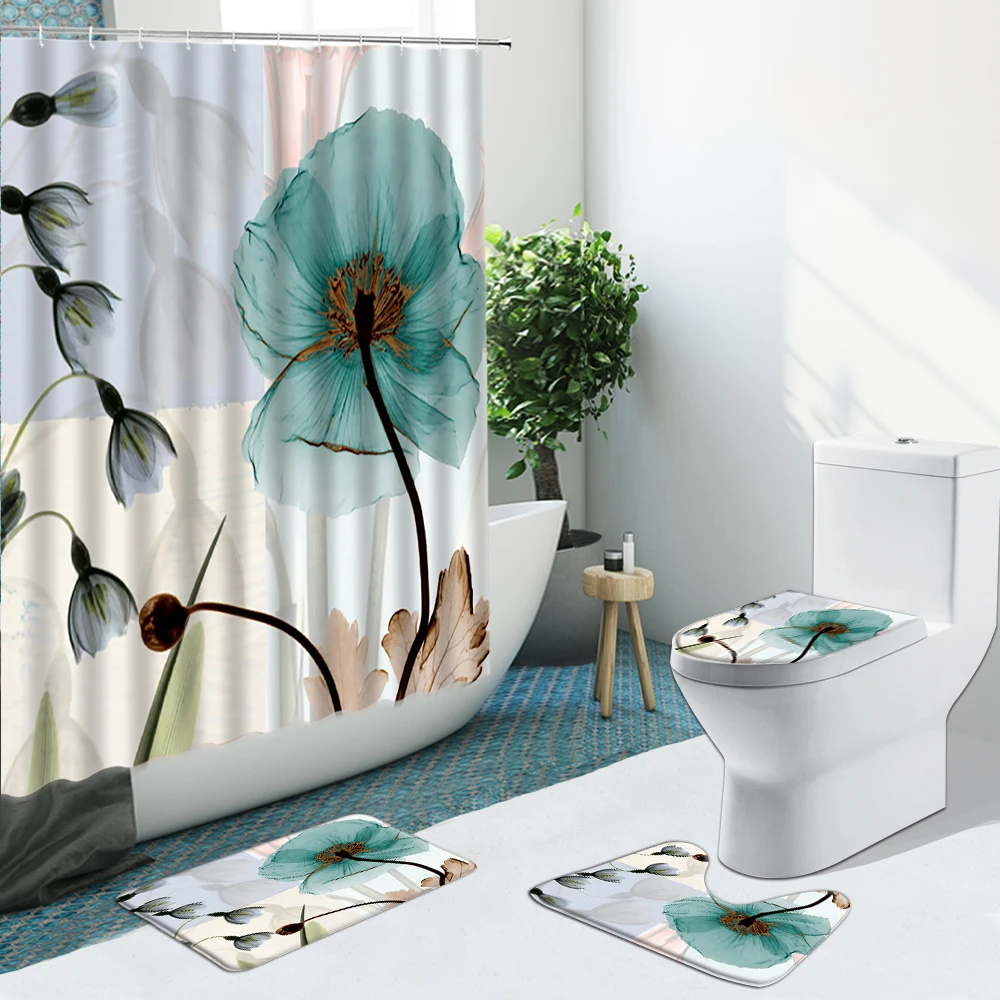 Beste Kleurrijke Rose Zonnebloem Geschilderd Bloem Badkamer Set Douchegordijn Stof Antislip Tapijten Flanel Wc Tapijt Decor Met Haken