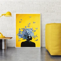 nordic girl with butterfly abstract canvas painting yellow blue posters and print cuadros wall art picture for living room decor