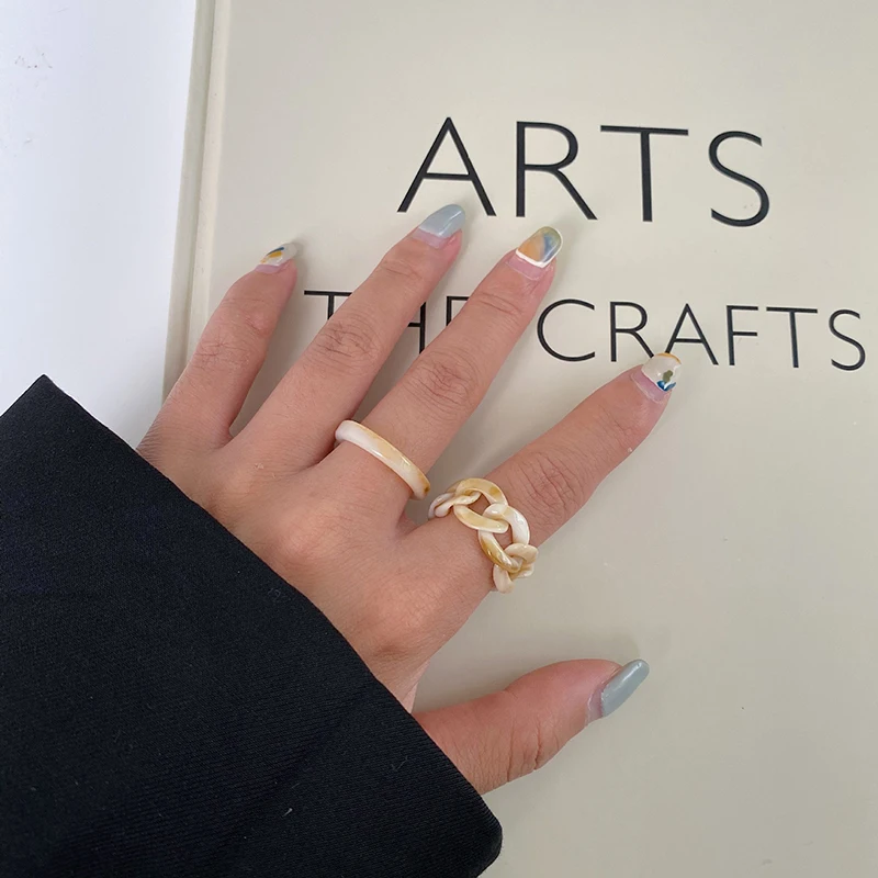 

Ins 2Pcs/set Korea Vintage Transparent Resin Colorful Rings Chic Colorful Acrylic Geometric Irregular Ring Set for Women Jewelry