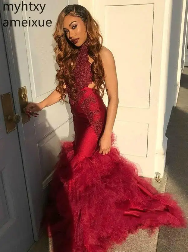 Burgundy Color High Neck Plus Size Custom Red Sexy Prom Dresses Elegant 2020 African Black Girls Wear Evening Party Event Gowns