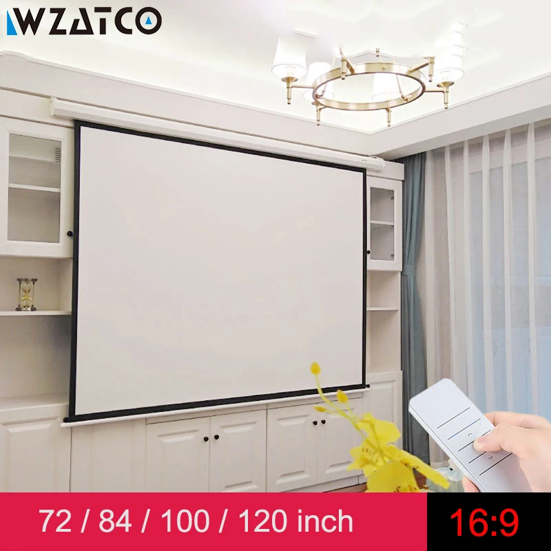WZATCO Электрический проекционный экран 72 &quot84" 100 &quot120 дюймов 16:9 с дистанционным