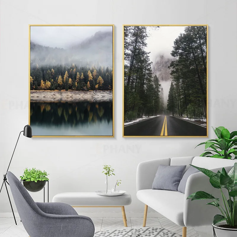 

Mountain Foggy Forest Picture Nature Scenery Scandinavian Canvas Painting Poster Nordic Landscape Modern Wall Art Decoration