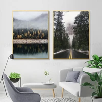 mountain foggy forest picture nature scenery scandinavian canvas painting poster nordic landscape modern wall art decoration