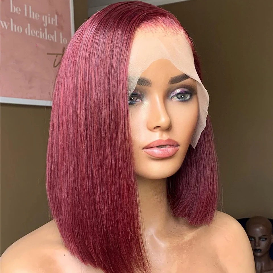 

Middle Part Glueless Short Bob Burgundy Straight 180% Density 99j Synthetic Lace Front Wig For Black Women BabyHair Preplucked