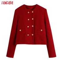 tangada women vintage red tweed blazer female long sleeve elegant jacket ladies crop blazer suits be318