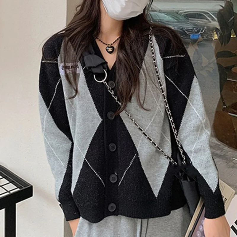 

WAYOFLOVE Black Rhombus Sweater Cardigan Women Casual Knitted Vintage Sweaters Cardigan Women Single Breasted Women's Sweater