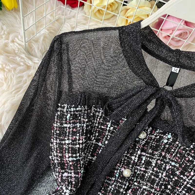 

2021 New Lace Up Dress Waist Down Single Breasted Women Black Dresses Patchwork Long Sleeve Ruffle Tweed office ladies Dresses