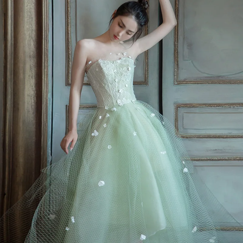 

Elegant Light Green Tube Top Appliques Wedding Dresses Woman Backless Party Night Mesh A Line Formal Dress