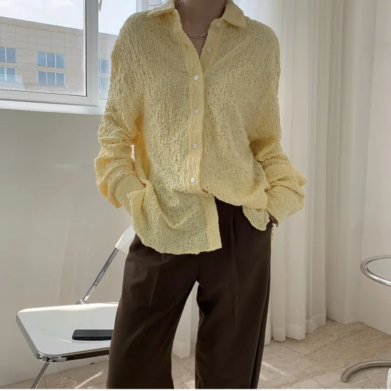 

DEAT New Autumn And summer Fashion Casual Temperament Pleated Solid Lapel Loose Slim Long Sleeve Shirt For Top Women 2021 SF463