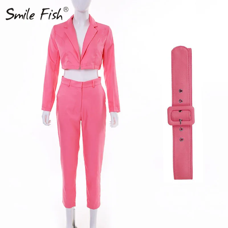 Pink Женская одежда, комплекты из 2 предметов, модные женские короткие блейзеры, длинные штаны, комплекты с длинным рукавом, офисный Женский блейзер, неоновая уличная одежда GV618 - Цвет: Pink