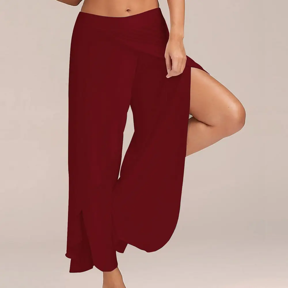 

Fashion Women's Solid Pocket Elastic Waist Casual Loose Wide Leg Pants Casual nine-cent Elegant Fashion Preppy Style Trousers