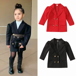 Imported Toddler Baby Girls Double Breasted Two Button Puff Sleeves Blazer Lapel Suit Jacket Autumn Outwear C