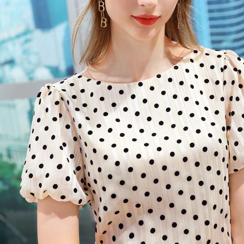 

Polka Dot Sexy Chiffon Blouse Summer New Word Collar Shirt Puff Sleeves Beige Loose trend Korean Fashion Women's short Sleeves