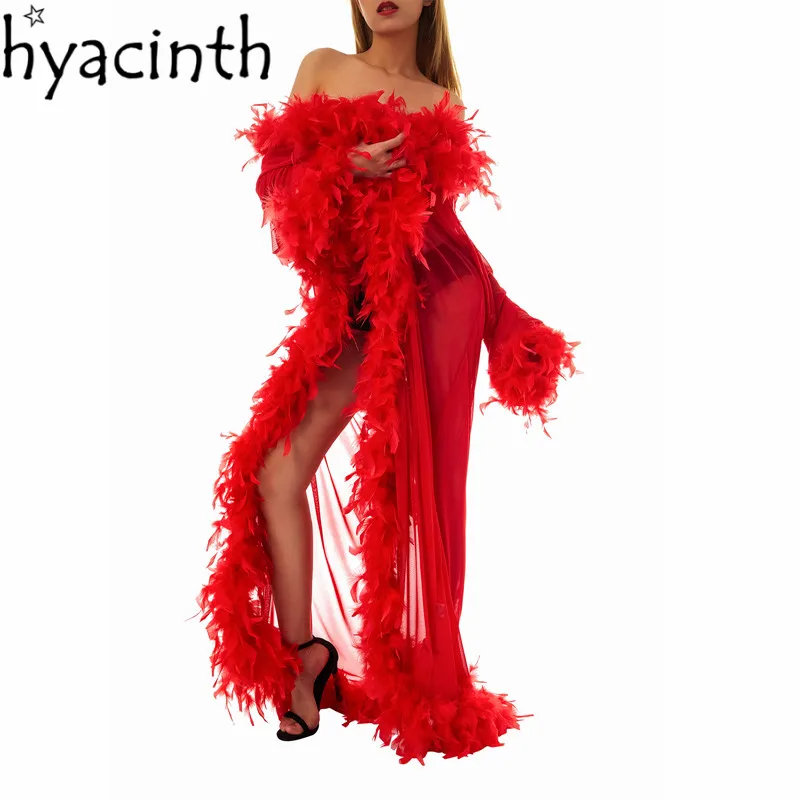 Новинка 2022 женский халат с перьями сексуальное кимоно прозрачные длинные ночные