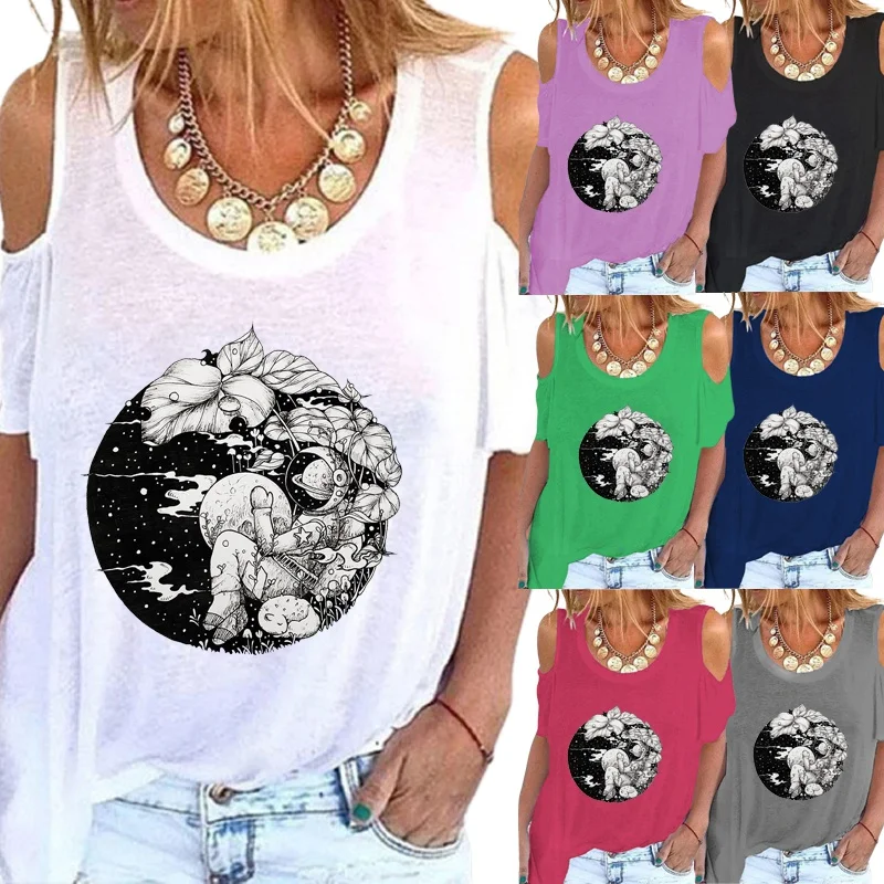 

Women's Summer Fashion Print Round Neck Short Sleeve T-shirt Casual Off Shoulder Shirt Loose Solid Color Tops Plus Size