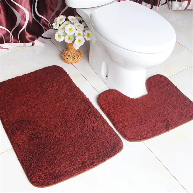 

2pcs/Set Lamb Wool Mat Home Bathroom Water Absorption Non-Slip Toilet Floor Mat Plush Rugs Solid Color U-Shaped+Rectangle Carpet