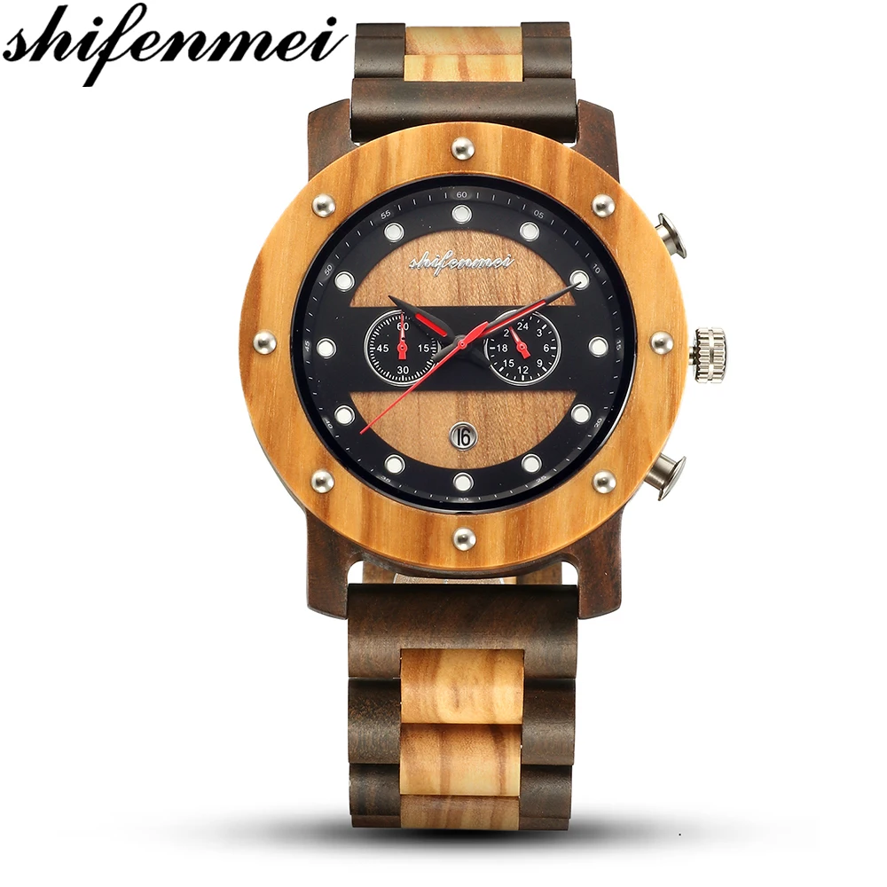 Часы Shifenmei Мужские Наручные с бамбуковым корпусом брендовые Роскошные Кварцевые